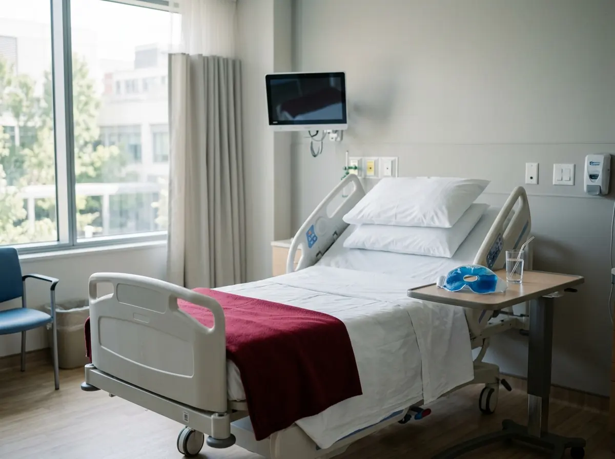 A single hospital room with the bed head raised, a cold gel eye mask and a glass of water on the bedside tray