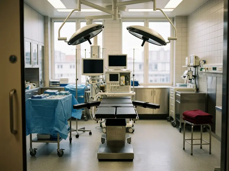Empty hospital operating theatre prepared before surgery, with the lights and anaesthesia machine switched off