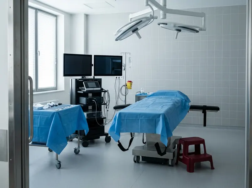 Empty operating theatre prepared for keyhole weight loss surgery, with a draped operating table, a covered instrument trolley and a video tower with dark screens