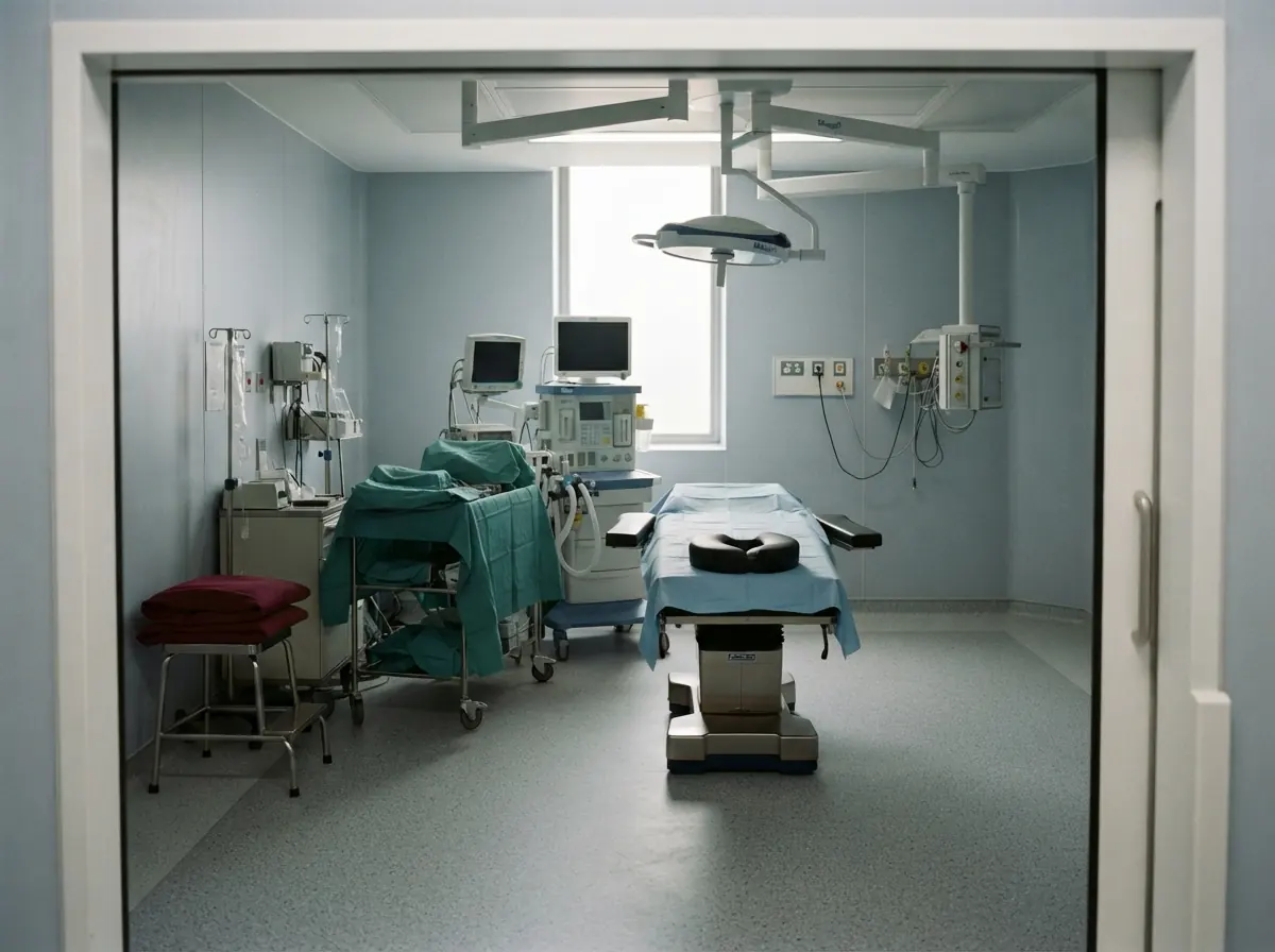 An empty operating theatre made ready before surgery, with a head rest on the table and the lights switched off