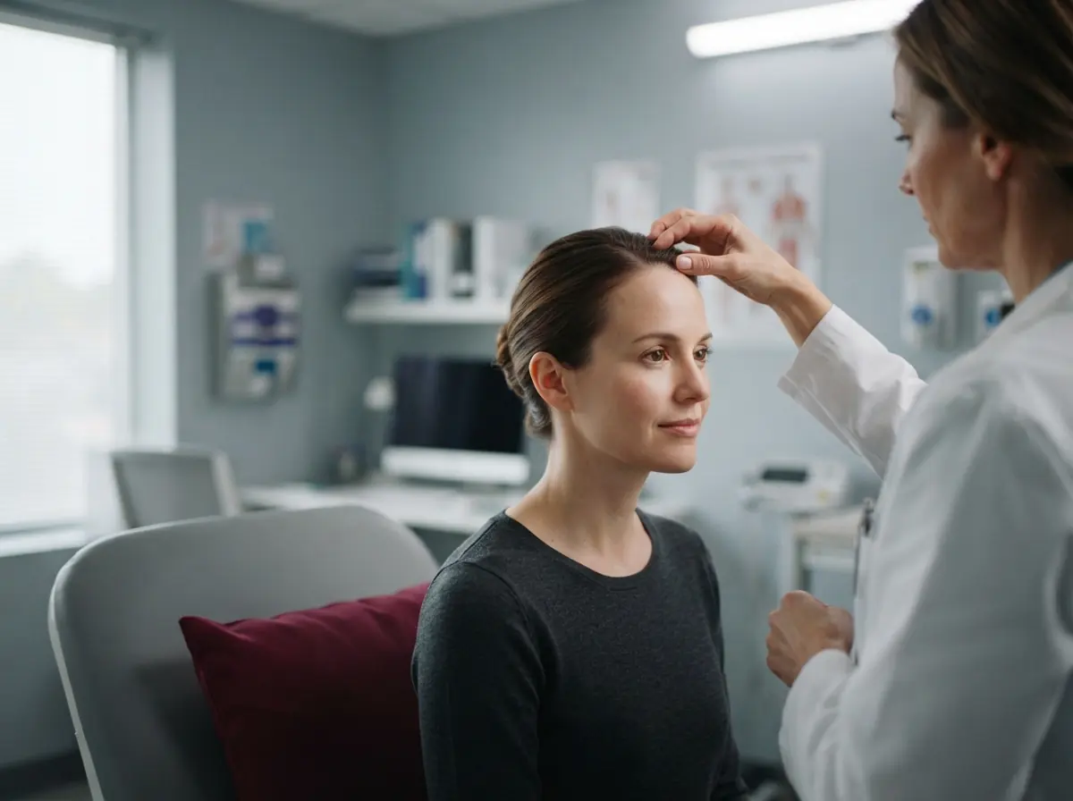 A clinician, seen from the side, examines a woman's hairline and scalp in a consultation room