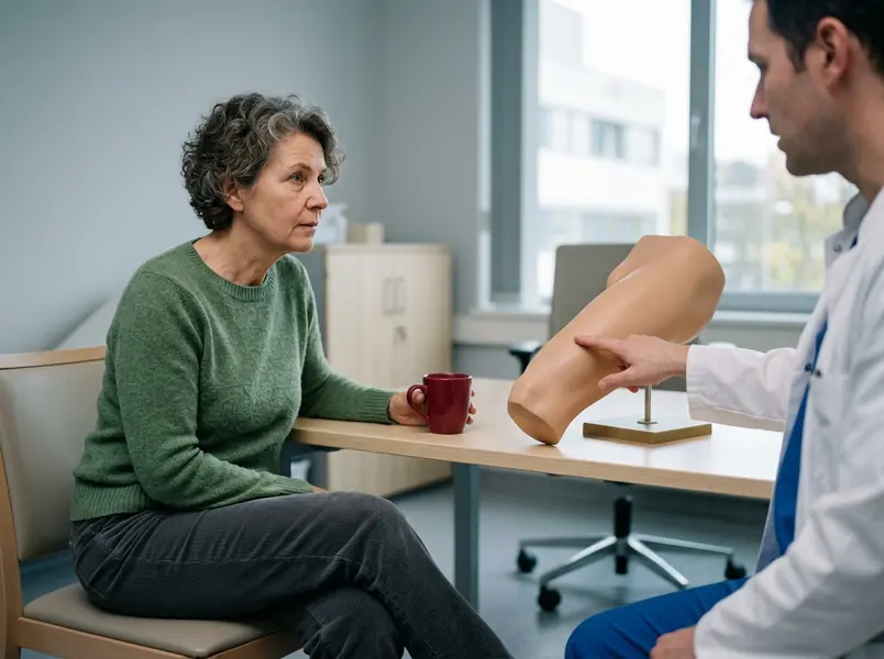 A woman listening as a clinician points to an anatomical thigh model on the desk