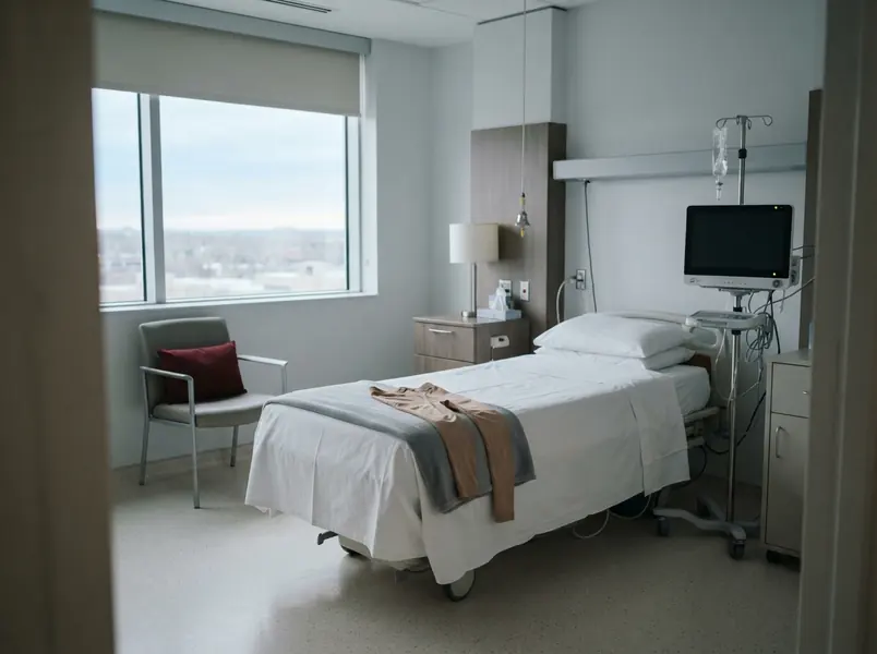 A beige compression garment laid across a made bed in a hospital room by a window