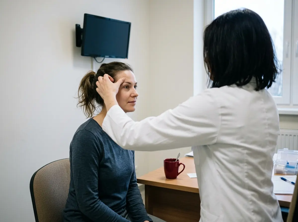 A clinician, seen from behind, examines a woman's forehead and hairline during a consultation
