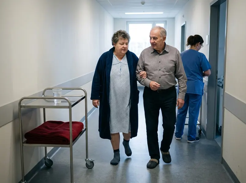 A woman in a hospital gown and robe walking slowly arm in arm with an older man along a hospital corridor, with a nurse at the side and a cup of water on a trolley