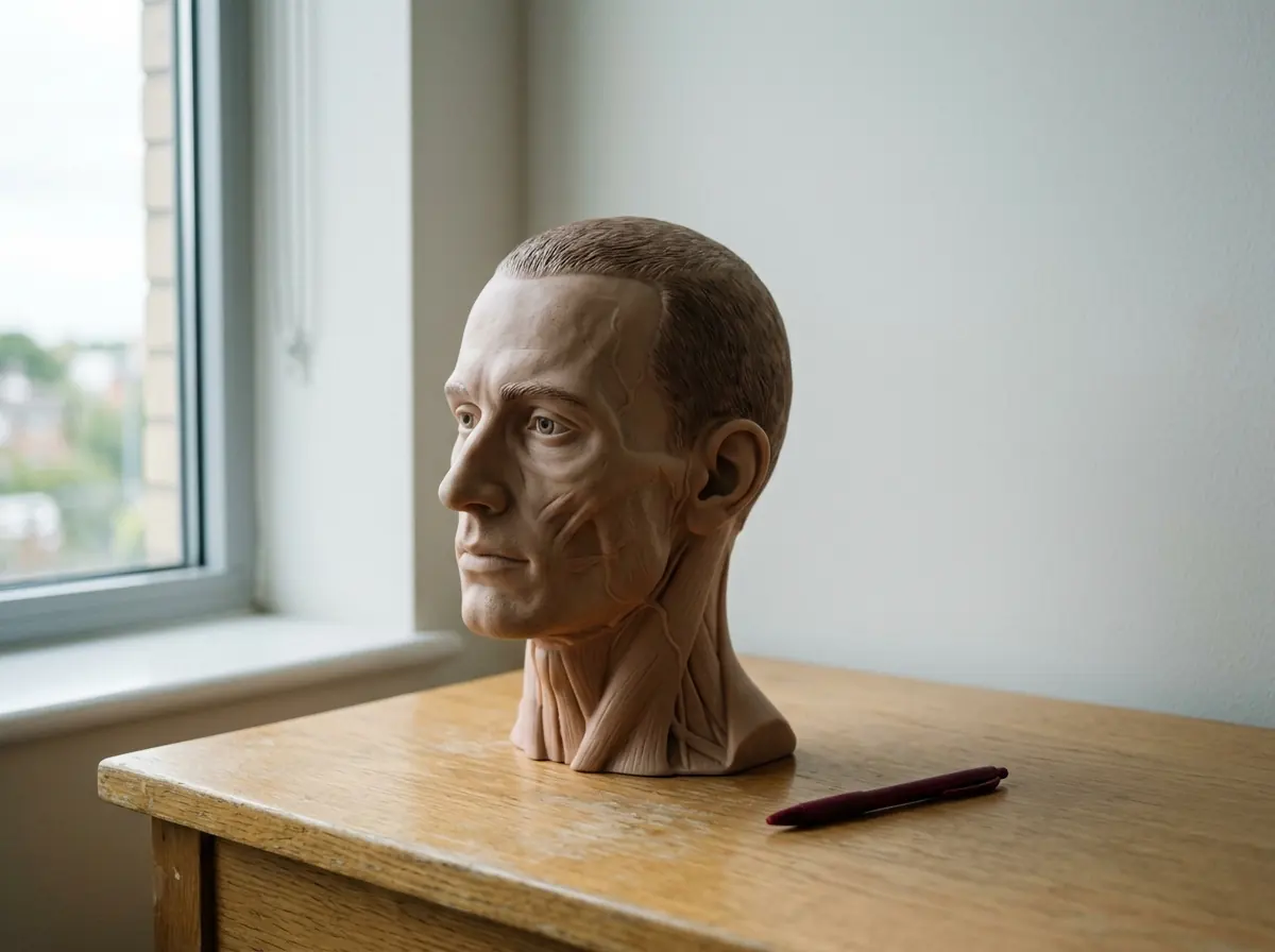 An anatomical model of an adult head showing the forehead, hairline and short-haired scalp, with the neck muscles exposed, on a wooden desk beside a window