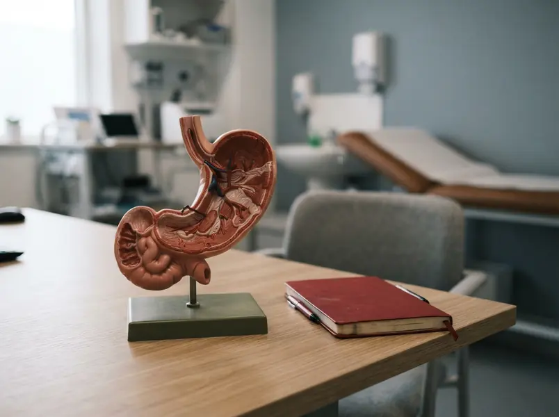 Cut-away anatomical model of the human stomach and the start of the small intestine on a consultation desk