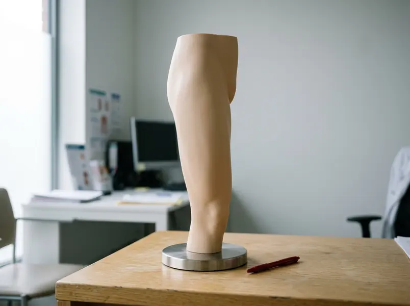 Anatomical model of a human hip and thigh on a stand on a desk in a clinic office