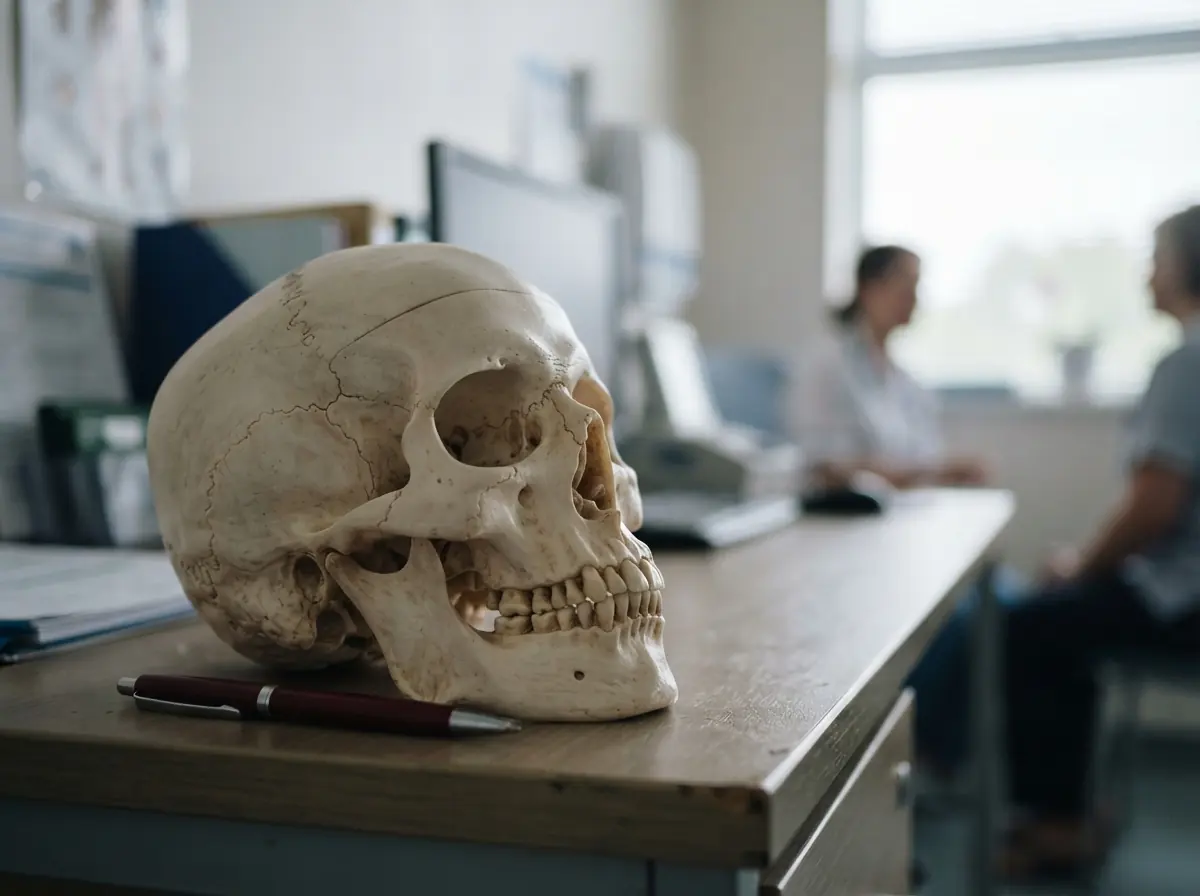An anatomical skull model on a clinic desk, showing the forehead and the brow bone above the eye sockets, with a consultation softly blurred behind